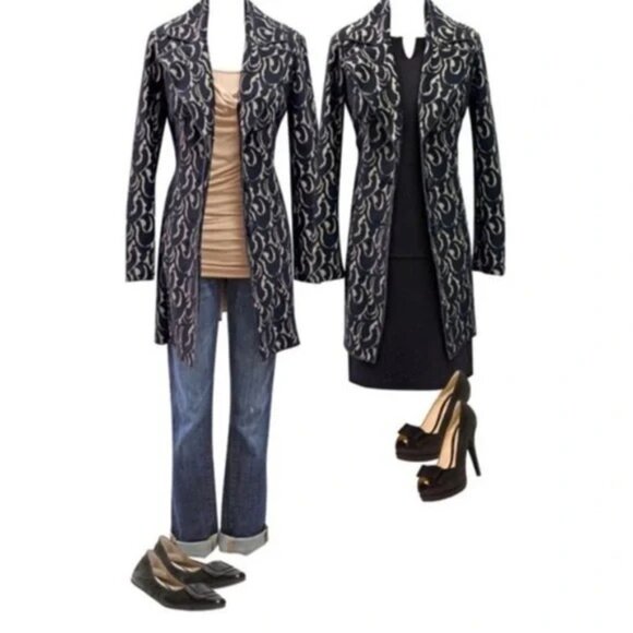 CABI Arabesque Lace Long Line Button Jacket Black/Nude Sz M #681 - Picture 1 of 7